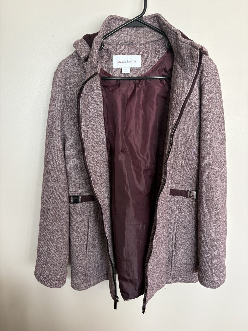 Liz Claiborne Women's M Burgundy Longline Hooded Full Zip Jacket Coat Winter